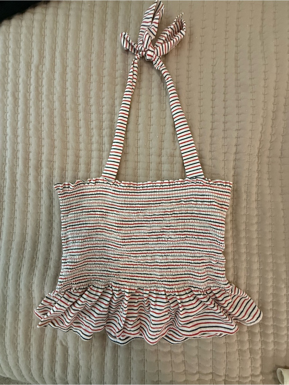 Wild fox Striped Ruffle Halter Top - White, Red & Navy